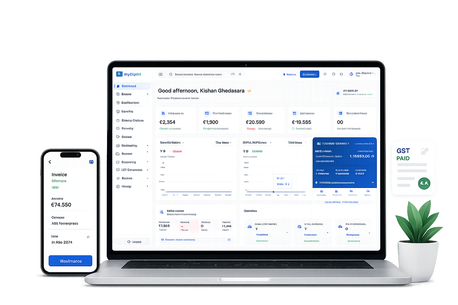 myDigiBill GST billing dashboard on laptop and mobile with sales analytics, invoices, and GST paid badge